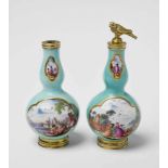 A pair of Meissen porcelain flasks with "kauffahrtei" scenesWith gilt metals mountings and an