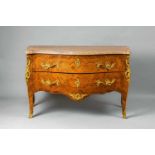 A Louis XV inlaid chest of drawersWalnut, rosewood, maple and stained woods on oak corpus, ormolu-