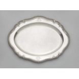 A large George III silver meat platterOval scalloped platter with gadrooned rim, engraved to the