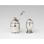 A small Copenhagen silver cruet set, no. 2Comprising a salt shaker and mustard pot with cover.