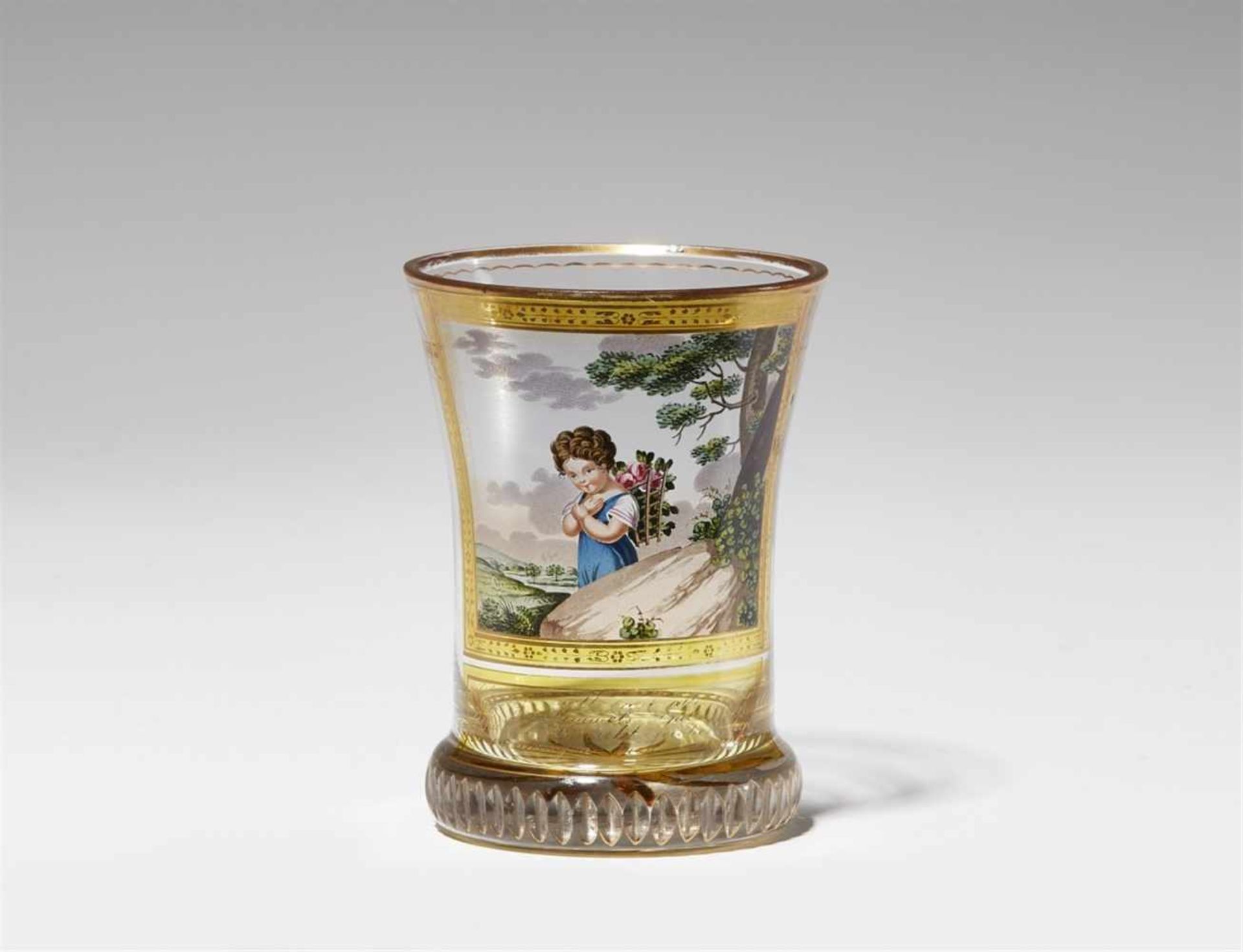 A Vienna glass "ranftbecher" beakerTapering beaker with polychrome enamel and gilding. Decorated