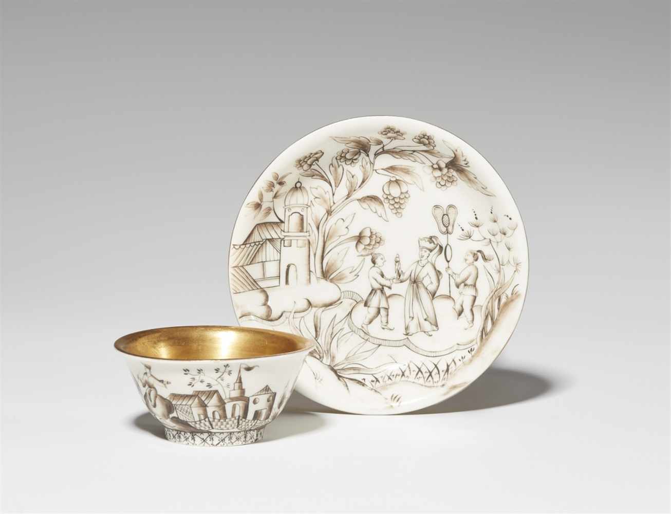 A Böttger porcelain tea bowl with chinoiserie decorTapering cup with original saucer. Decorated