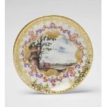 A Meissen porcelain saucer with a battle sceneBlue crossed swords mark, dreher's mark /, P in