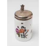 A Meissen porcelain tankard with flowerheads and insectsEarly interior gilt silver mountings with