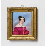 A porcelain plaque with a portrait of a lady in a magenta evening gownA half-figure portrait of a