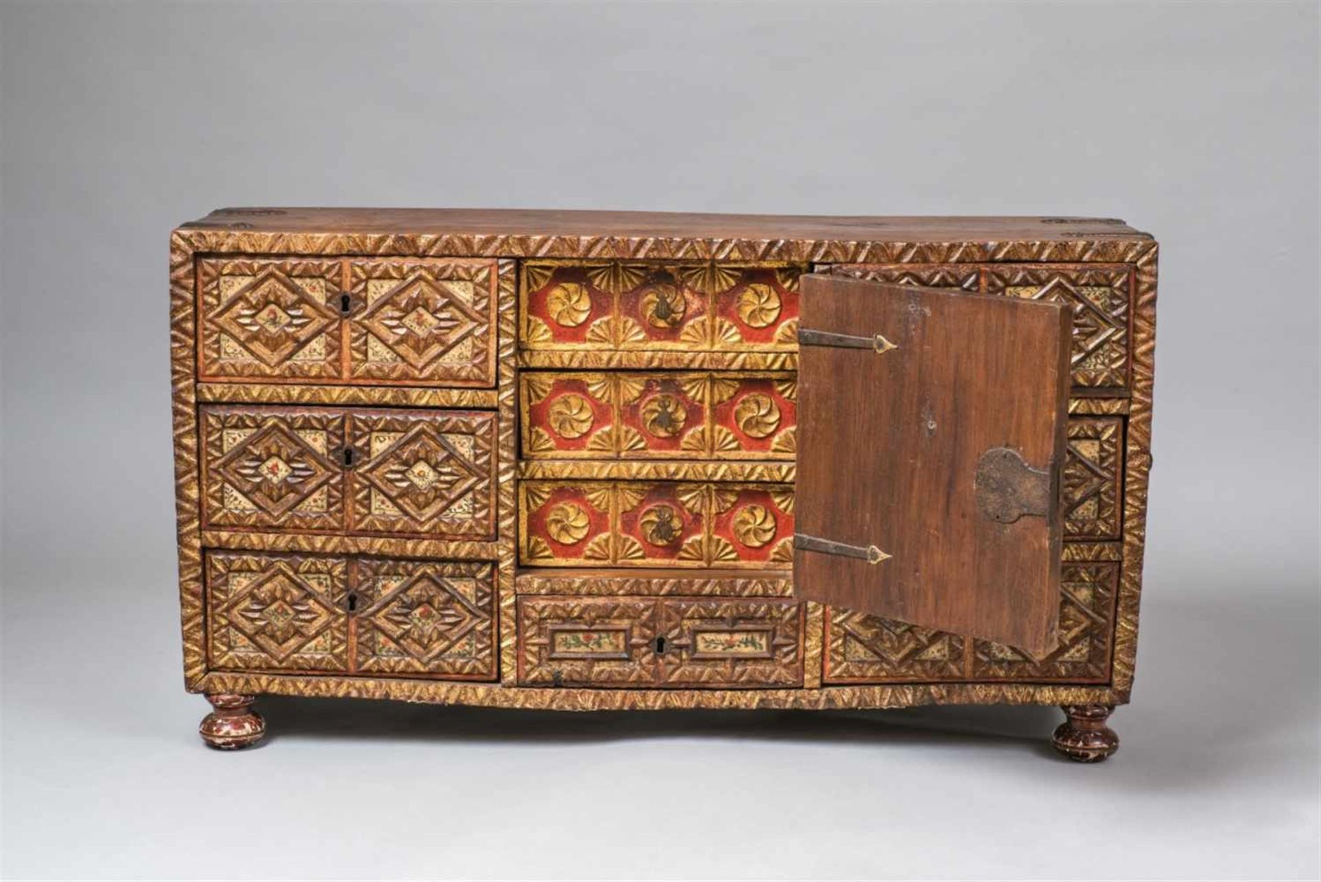 A Spanish carved walnut sideboardPartially gilt taquillón with painted alabaster top, cast iron - Bild 2 aus 2