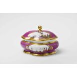 A Meissen porcelain sugar box and cover with "kauffahrtei" scenesBlue crossed swords mark, gold