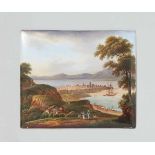 A French painted porcelain plaque with a harbour sceneH 16.6, W 19.5 cm, H frame 33, W 35 cm. Late