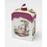 A large Meissen porcelain tea caddy with elegant couplesWith the original lid with plum finial,
