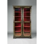 A Louis XIV style library cabinetEbonised wood and brass inlays on softwood, glass, later red velvet