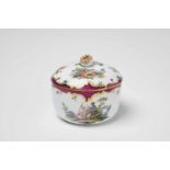 A Meissen porcelain box and cover with elegant couples in landscapesBlue crossed swords mark, 5.