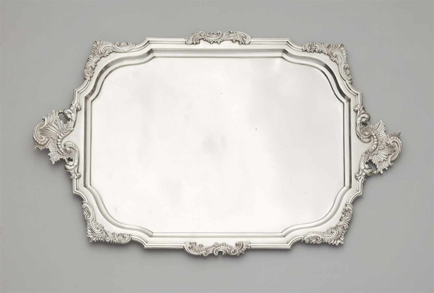 A Leiden Rococo silver platterRectangular scalloped tray with chamferred edges and rocaille handles.