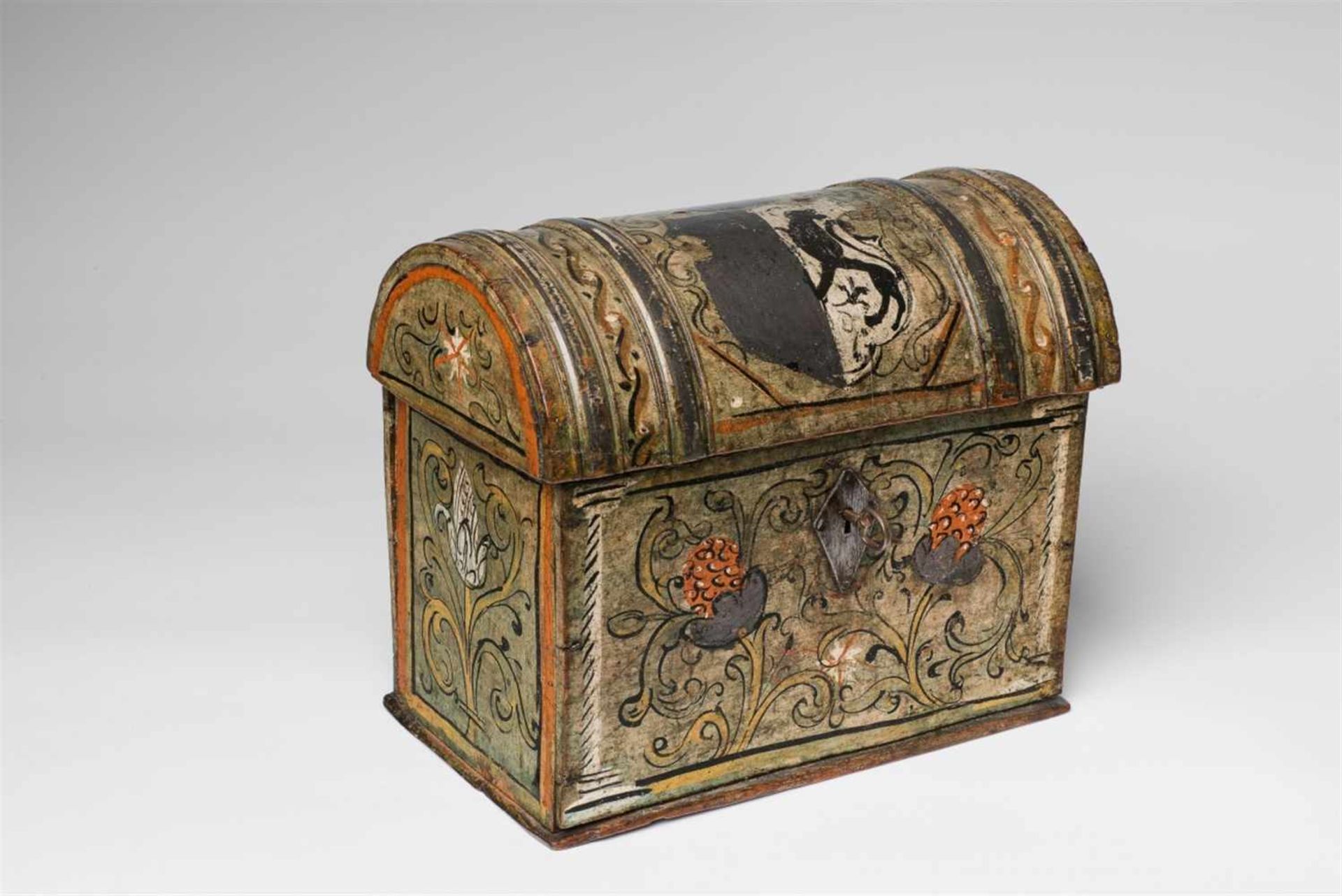 A small South German coffer with a coat-of-armsBismuth painting and silver paint on boxwood, iron