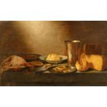 Floris van SchootenStill Life with Cheese, Bread, and a Silver BeakerOil on panel. 51.5 x 82.5 cm.