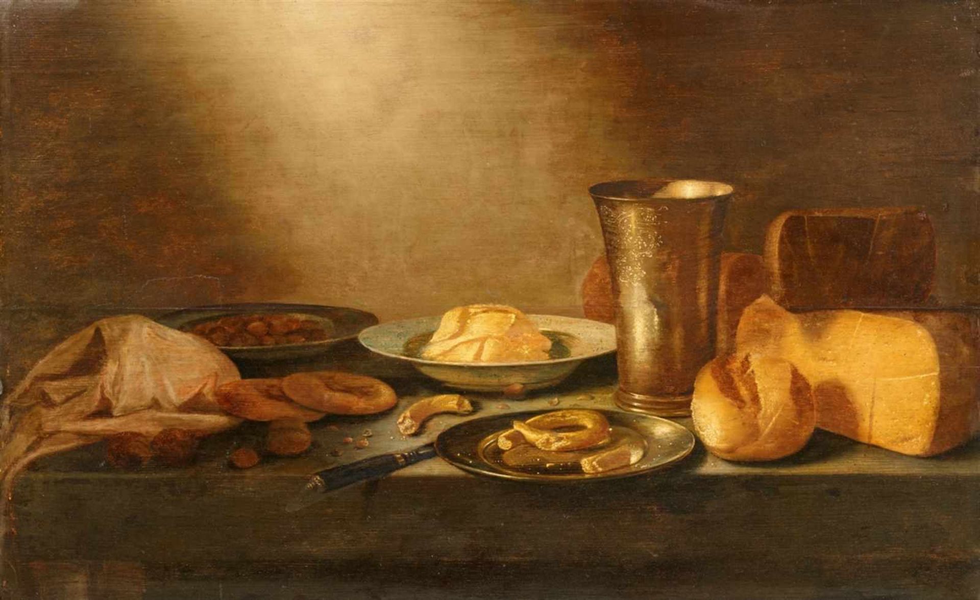 Floris van SchootenStill Life with Cheese, Bread, and a Silver BeakerOil on panel. 51.5 x 82.5 cm.
