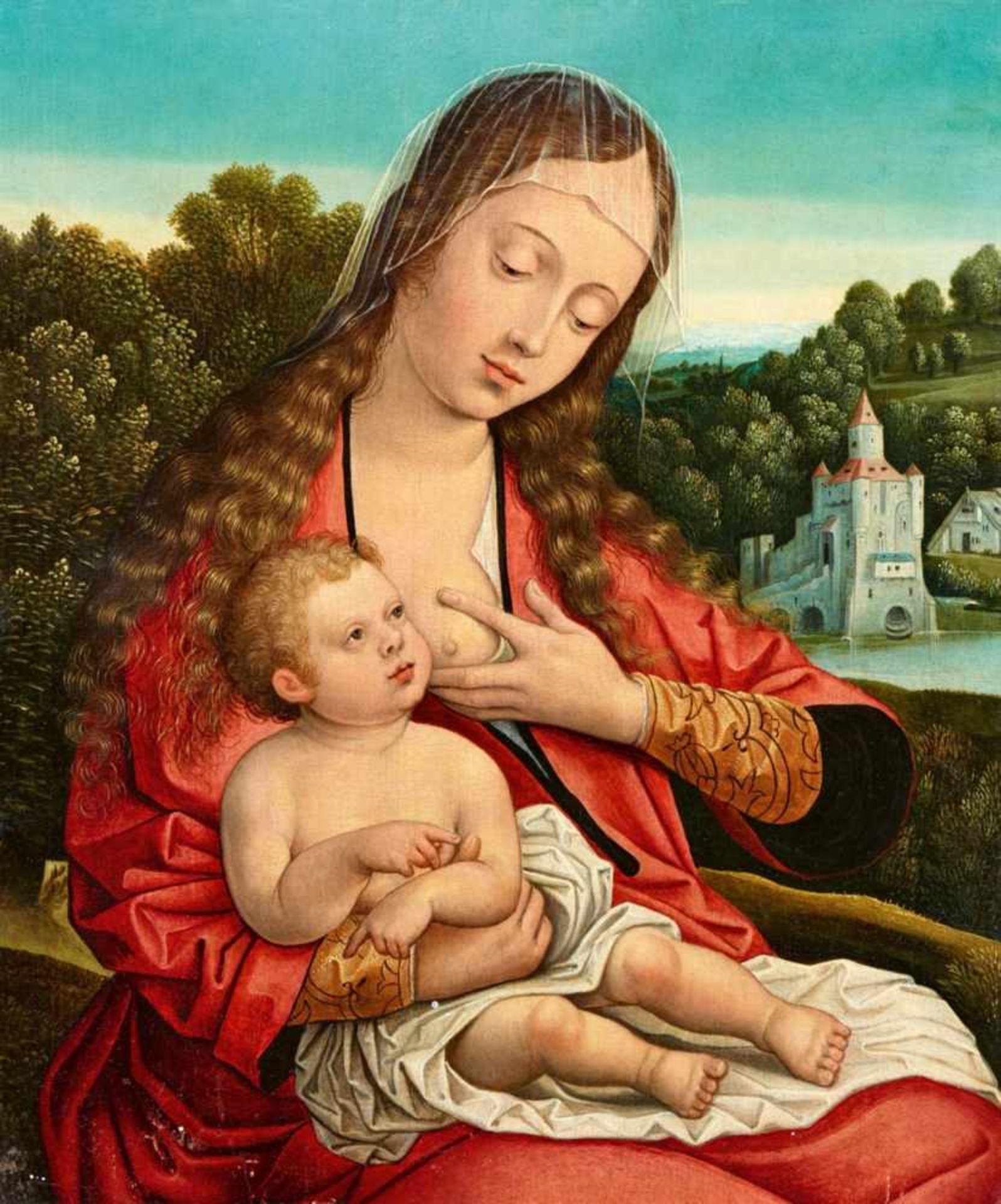 Bernard van Orley, circle ofThe Virgin and Child in a LandscapeOil on panel. 50 x 32 cm.