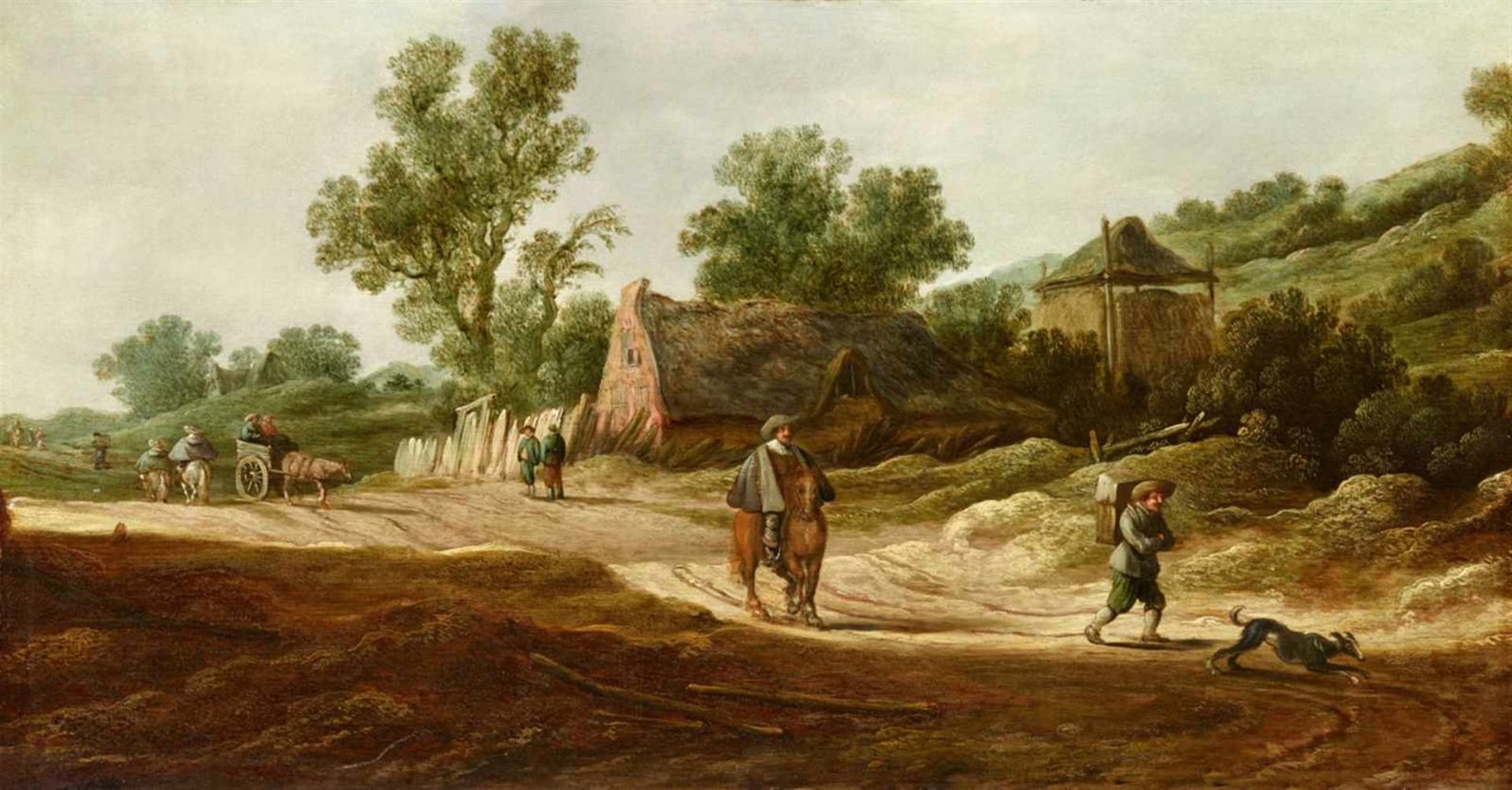 Pieter de NeynLandscape with a Peasant Cottage and TravellersOil on panel. 26.5 x 50.5 cm.