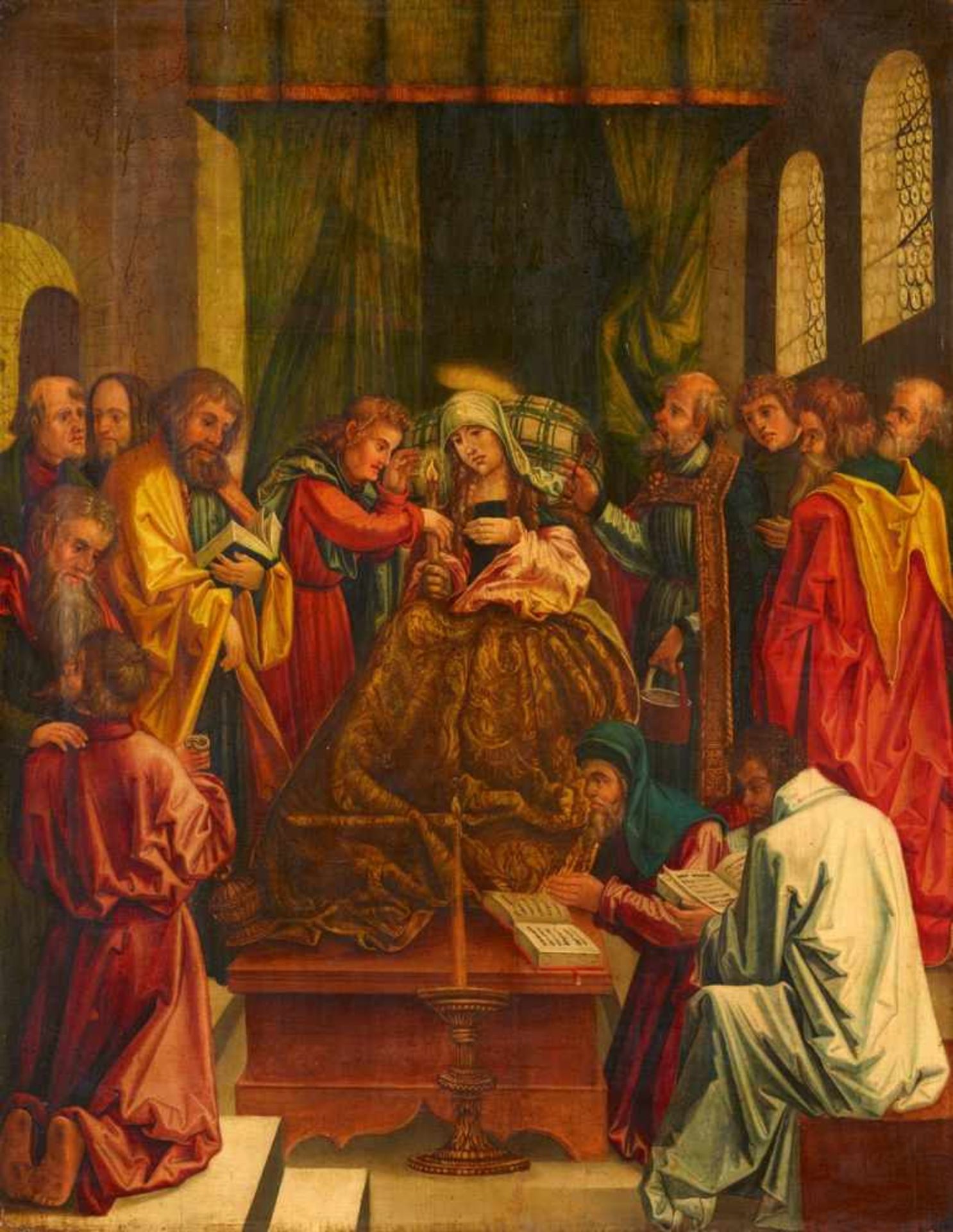 Melchior Feselen, attributed toThe Dormition of the VirginOil on panel (parquetted). 70.5 x 55 cm.