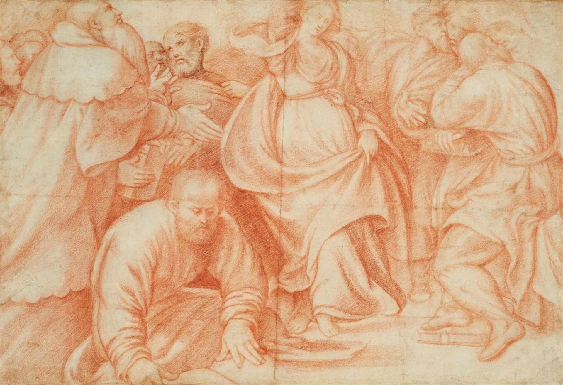 Italian School, circa 1600The Virgin with Apostles and Church FathersRed chalk. 26 x 38.3 cm.