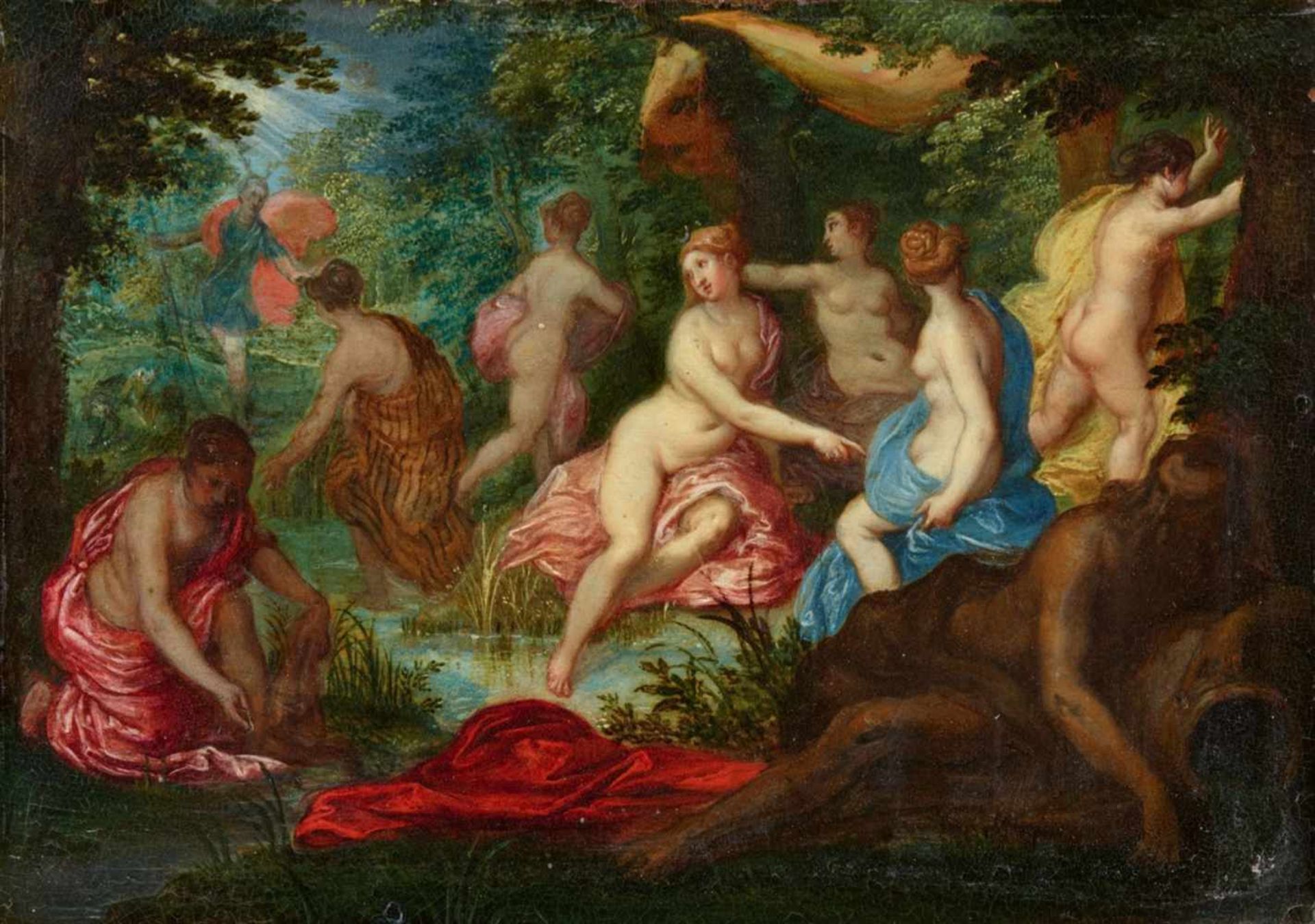 Hendrick van Balen, attributed toDiana and ActaeonOil on copper, mounted on an old wood panel.. 10.5