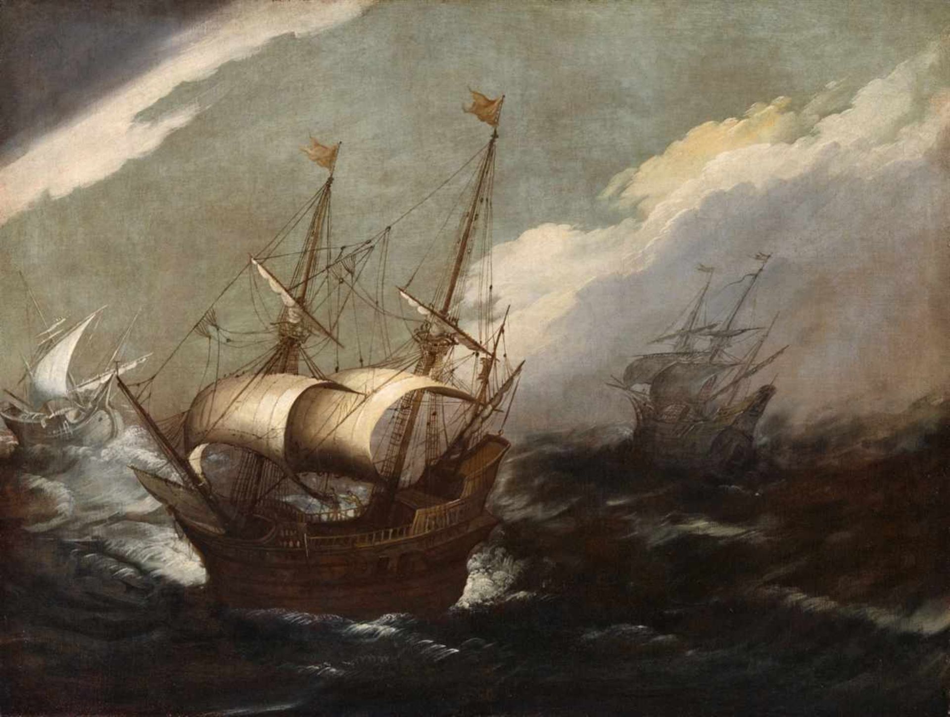 Flemish School, circa 1600Ships on Rough SeasOil on canvas. 73 x 96 cm.The author of this painting