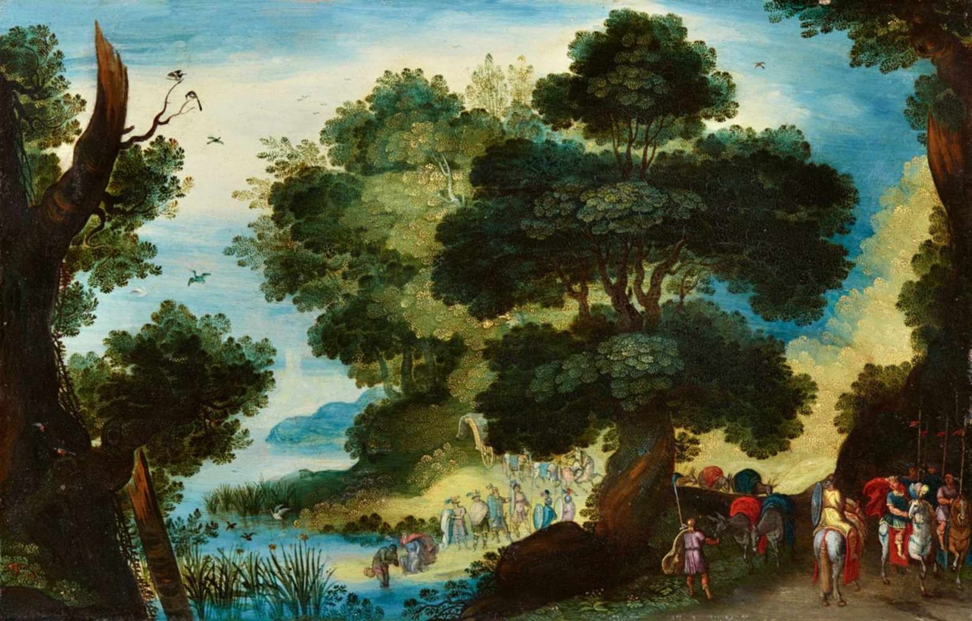 Gillis Mostaert, circle ofWooded River Landscape with the Baptism of ChristOil on copper. 18 x 28