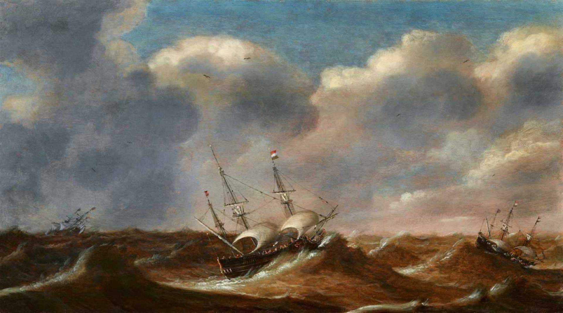 Claes Claesz. WouShips on Rough SeasOil on panel. 41 x 71 cm.Claes Claesz. WouSchiffe auf