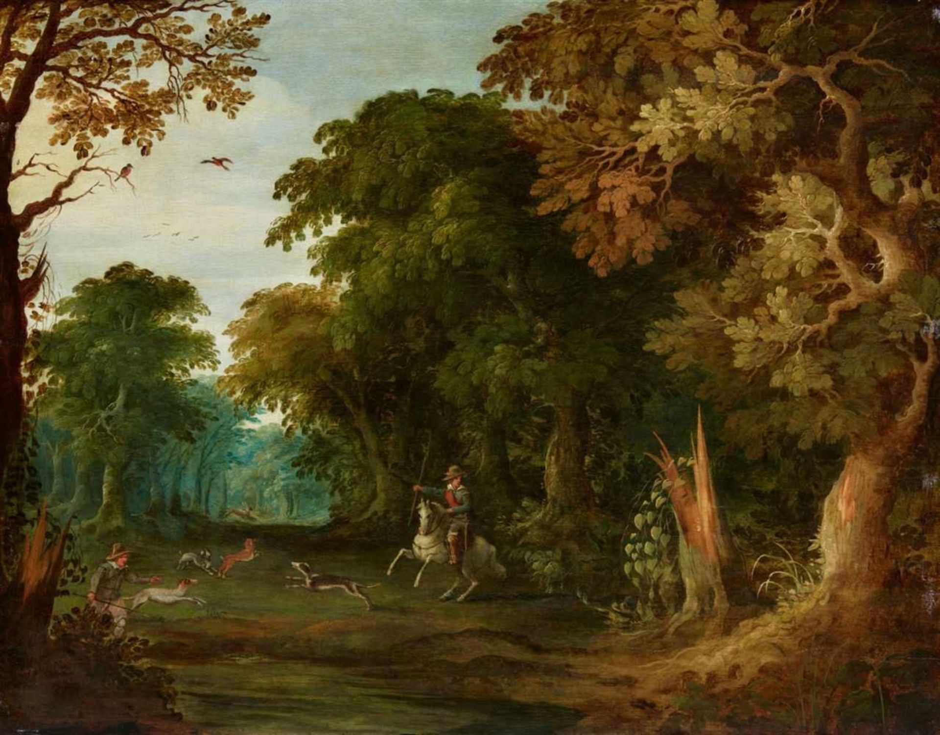 Alexander Keirincx, attributed toHunters in a Forest LandscapeOil on panel (parquetted). 49 x 63