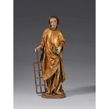 A carved limewood figure of Saint Lawrence by Jörg KändelCarved three-quarters in the round, the