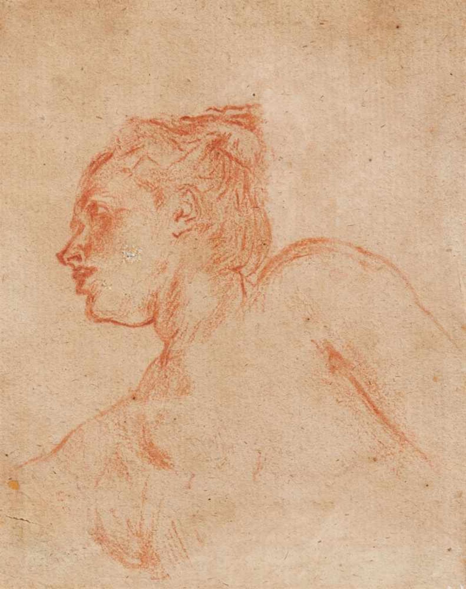 Antoine Watteau, attributed toStudy of a Woman with her Hair Pinned UpRed chalk on paper. 13 x 10.