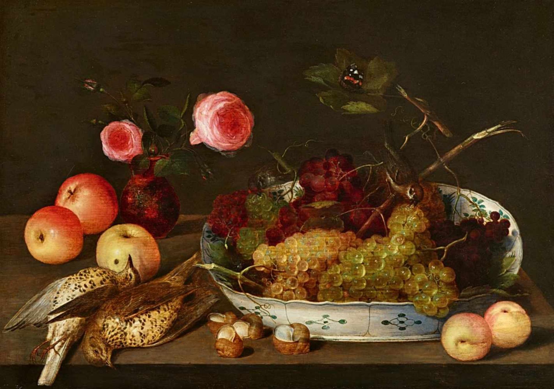 Peter BinoitStill Life with Birds, Roses, Apples, Snails, and Grapes in a Wan-Li DishOil on panel.