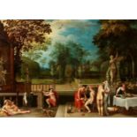 Adriaen van StalbemtBathing Nymphs in a Park LandscapeOil on panel (parquetted). 53 x 73.5 cm.