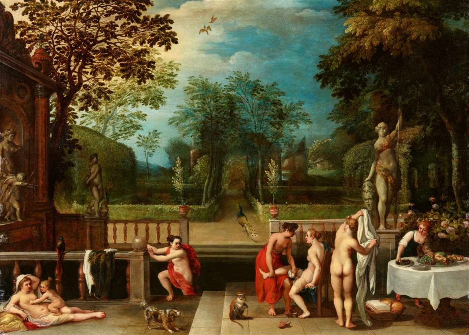 Adriaen van StalbemtBathing Nymphs in a Park LandscapeOil on panel (parquetted). 53 x 73.5 cm.