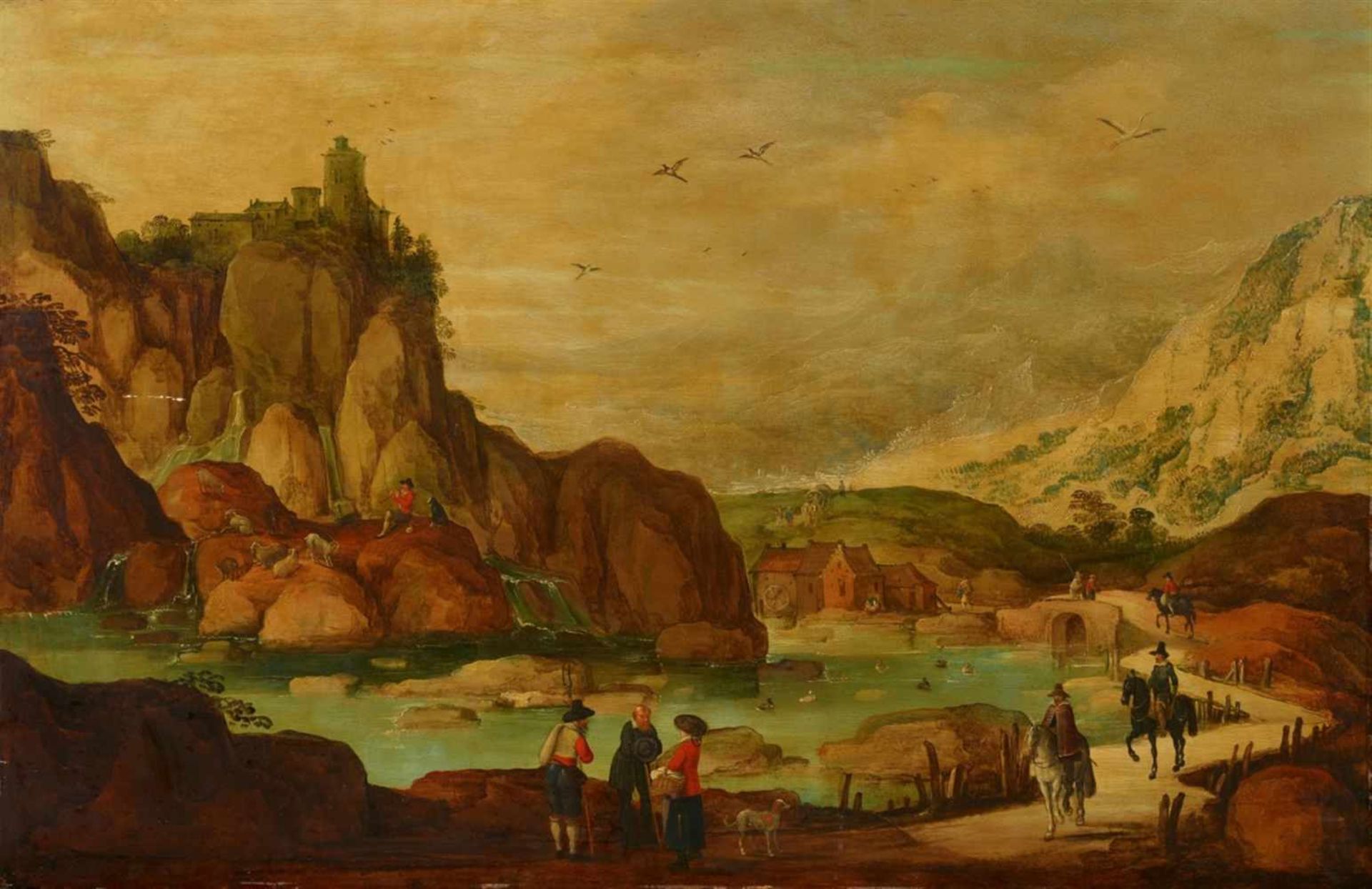 Joos de MomperRocky Landscape with Mill at a RiverOil on panel (parquetted). 81 x 124 cm.