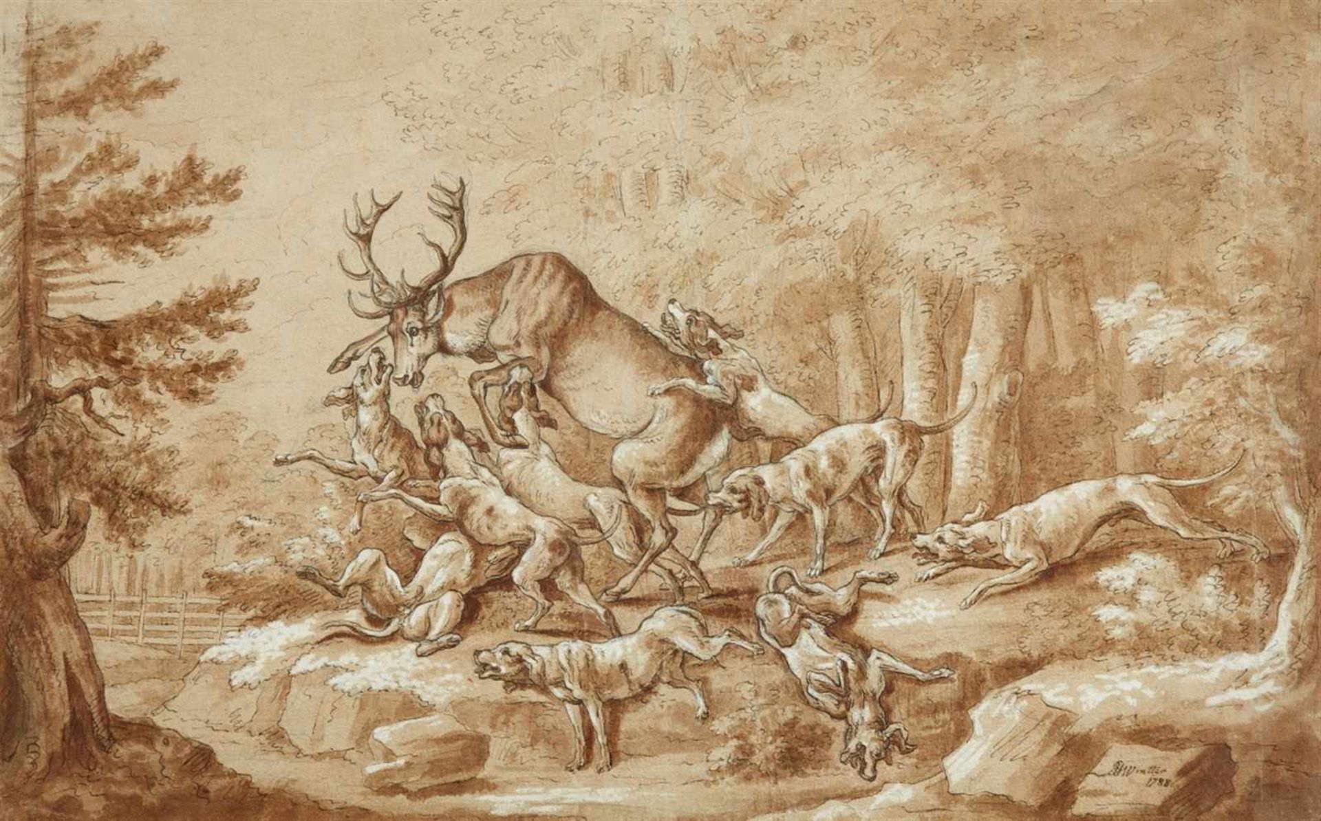 Joseph Georg WinterDeer HuntBrown ink and wash, highlighted in white. 39.5 x 61 cm.Signed and