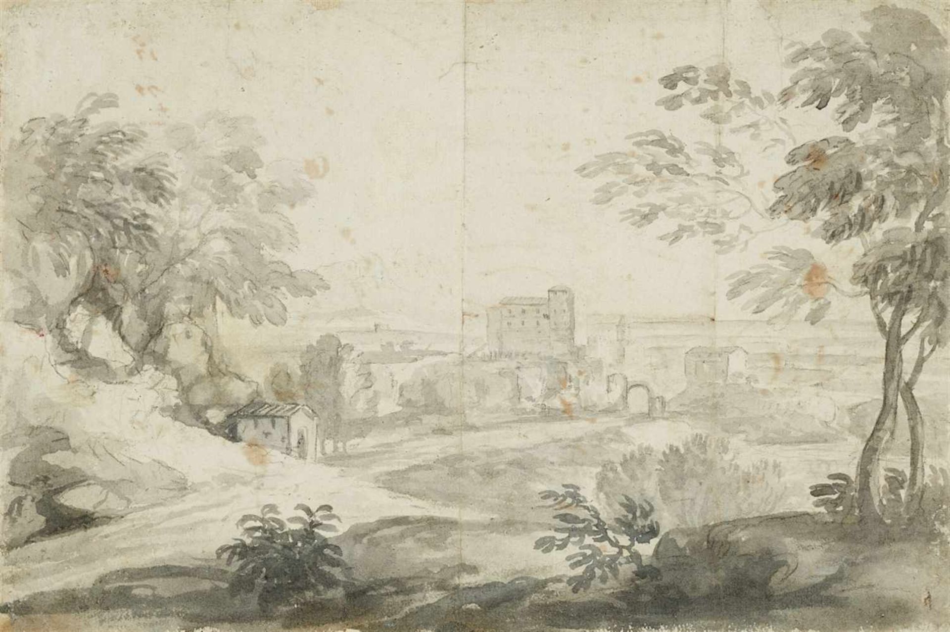 Netherlandish School, 17th centurySouthern Landscape with a CastleGrey ink and wash. 28.2 x 42.5