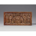 A 15th century English carved oak relief of Richard I and his retinueCarved from two blocks and