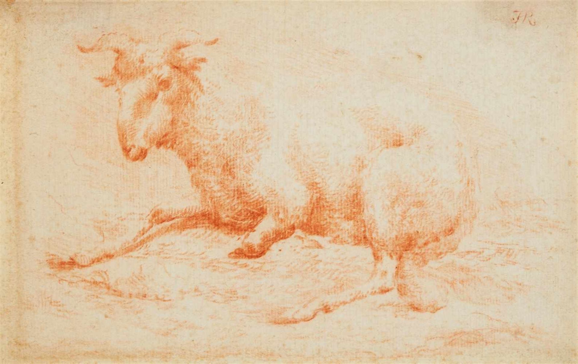 Johann Heinrich RoosA Recumbent RamRed chalk on textured watermarked paper. 24.3 x 15 cm.Monogrammed