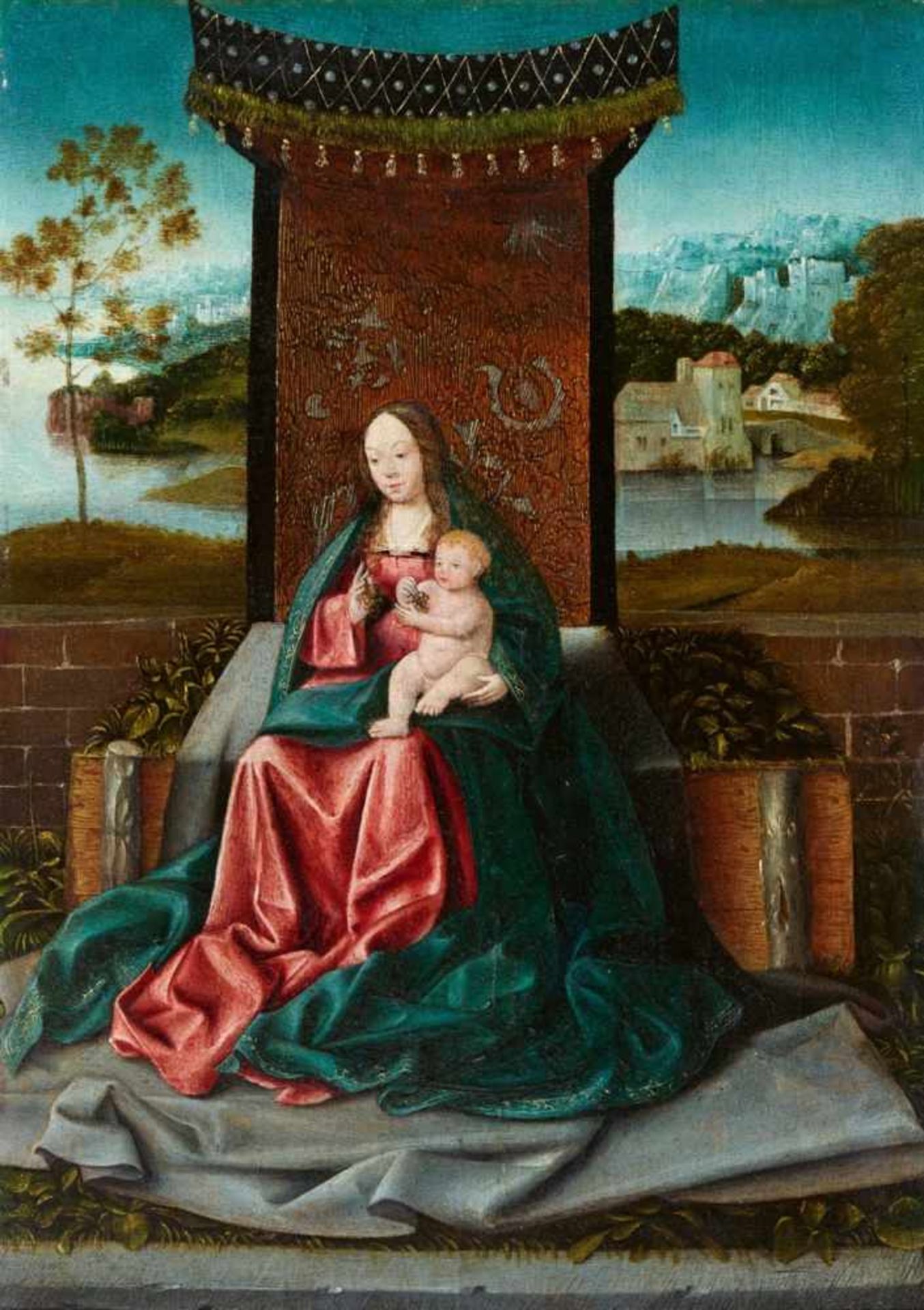 Netherlandish School, circa 1520The Virgin Enthroned with the ChildOil on panel. 32.7 x 22.7 cm.