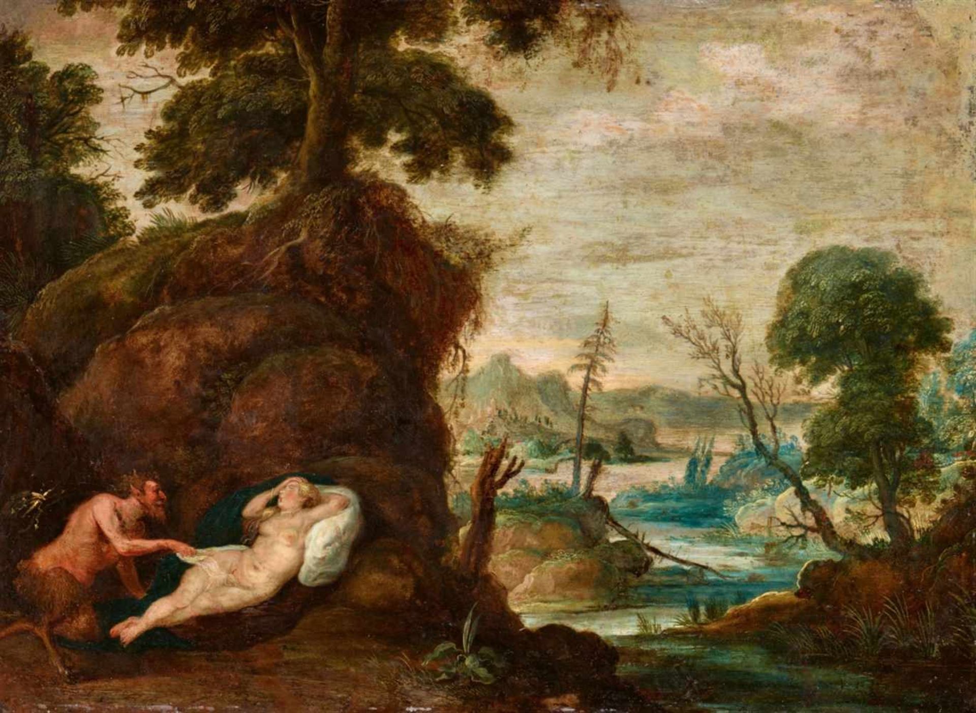 Flemish School, early 17th centuryLandscape with a Satyr and a Sleeping NymphOil on copper. 26.5 x