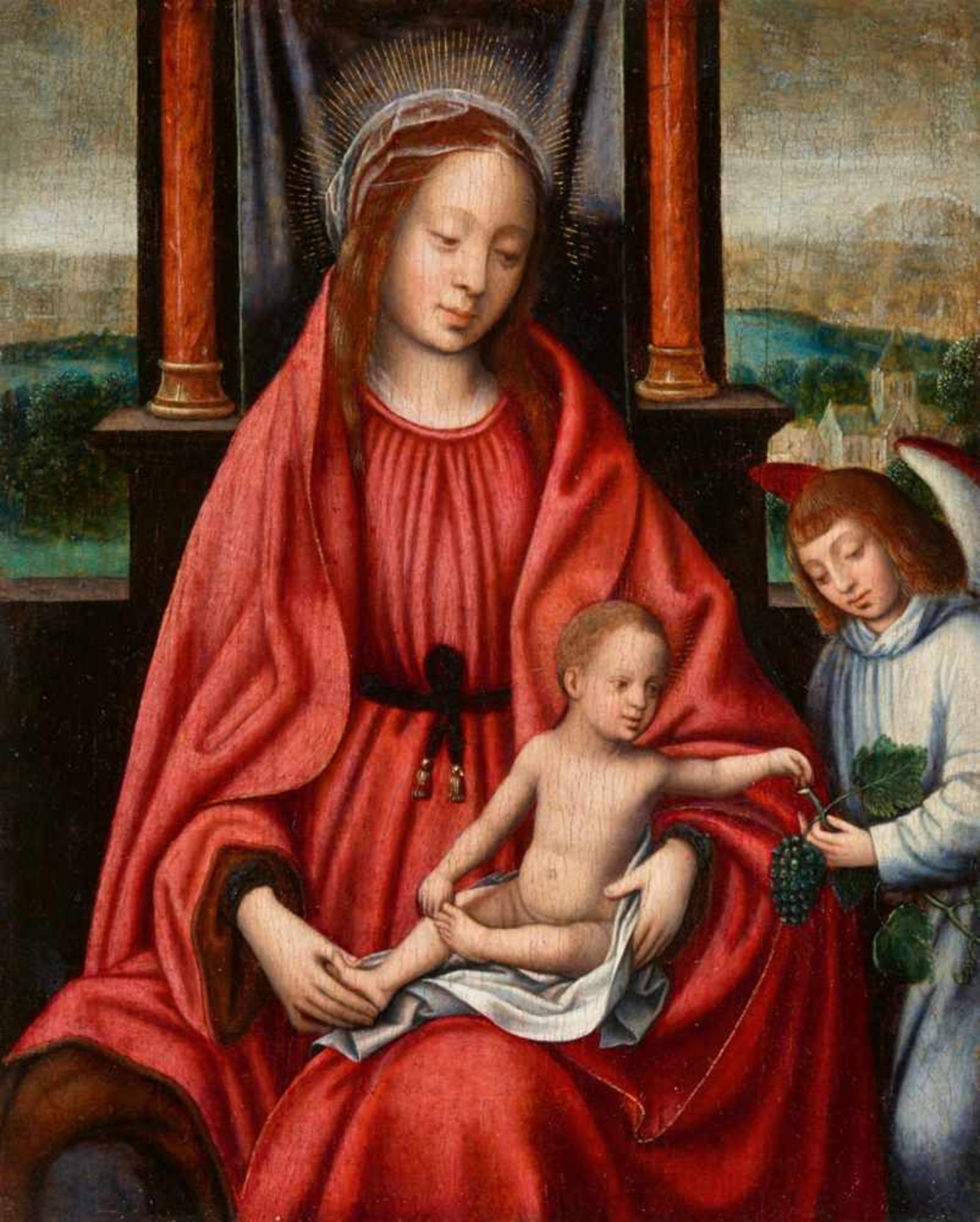 Netherlandish School, 16th centuryThe Virgin and Child with an AngelOil on panel (parquetted). 18