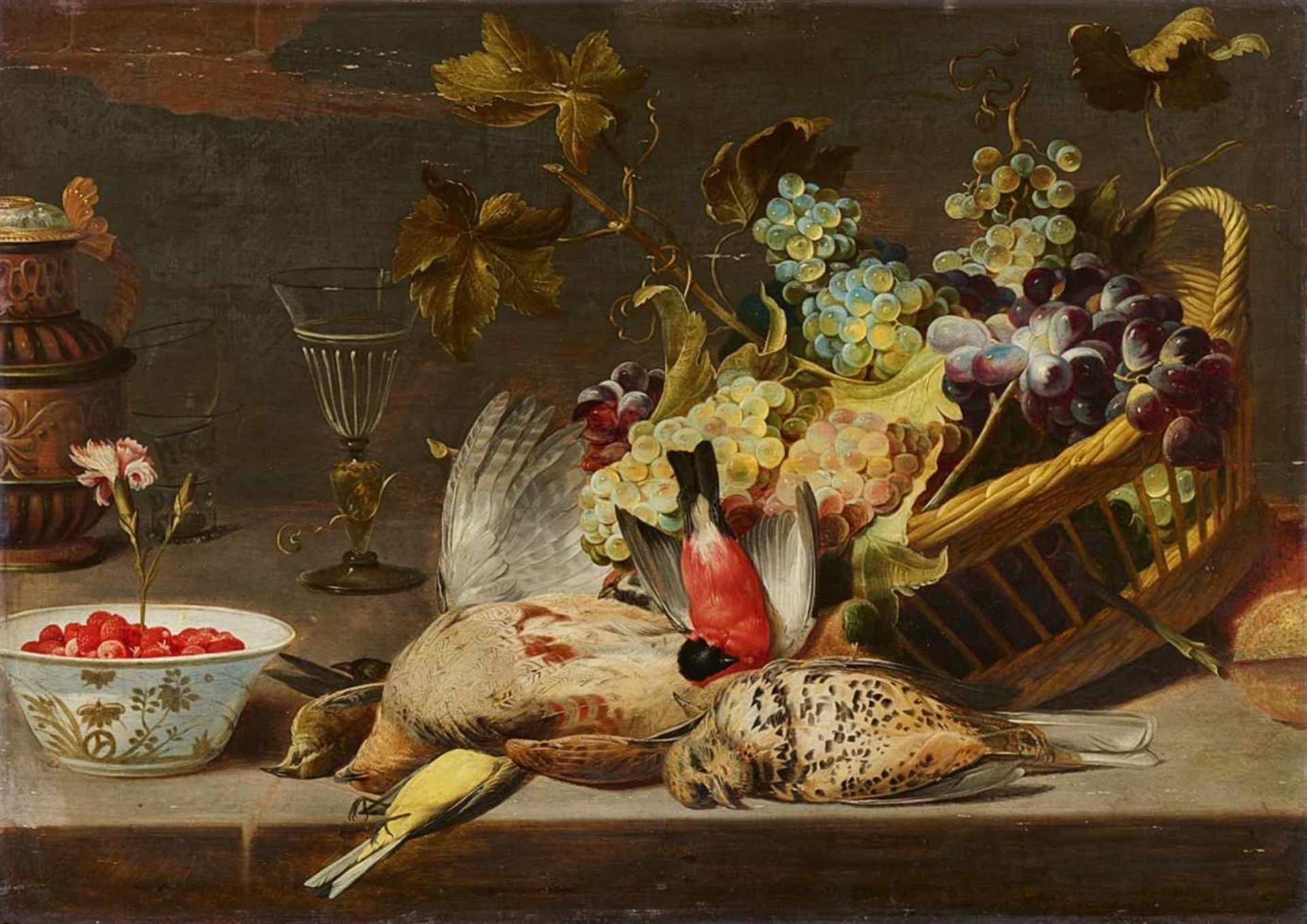Frans SnydersStill Life with Birds and a Basket of GrapesOil on panel (parquetted). 53 x 75 cm.