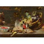 Frans SnydersStill Life with Birds and a Basket of GrapesOil on panel (parquetted). 53 x 75 cm.