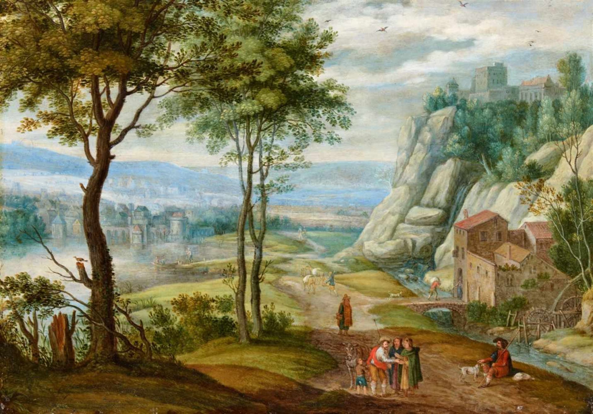 Izaak van OostenTravellers in a Panoramic LandscapeOil on copper (parquetted). 27 x 38.5 cm.Izaak