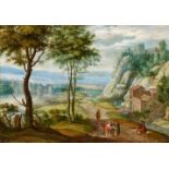 Izaak van OostenTravellers in a Panoramic LandscapeOil on copper (parquetted). 27 x 38.5 cm.Izaak