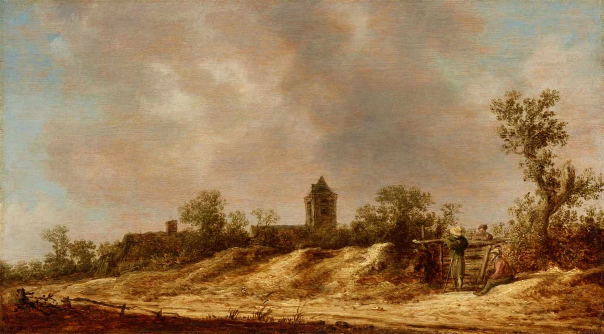 Jan van GoyenDune Landscape with a Church Spire and Figures on a FenceOil on panel. 32 x 56 cm.