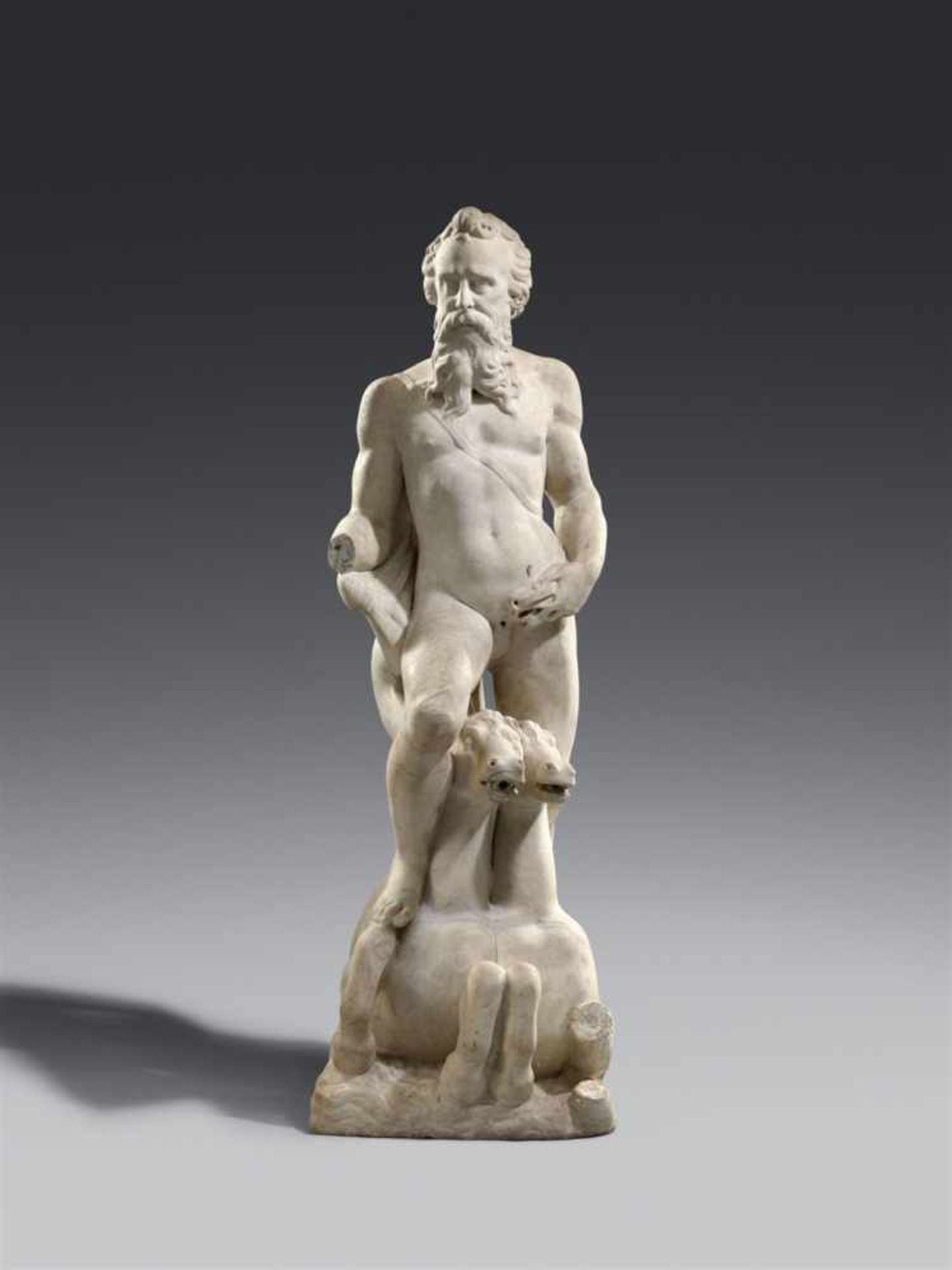 A marble figure of Neptune by Girolamo CampagnaCarved in the round and partially freestanding.