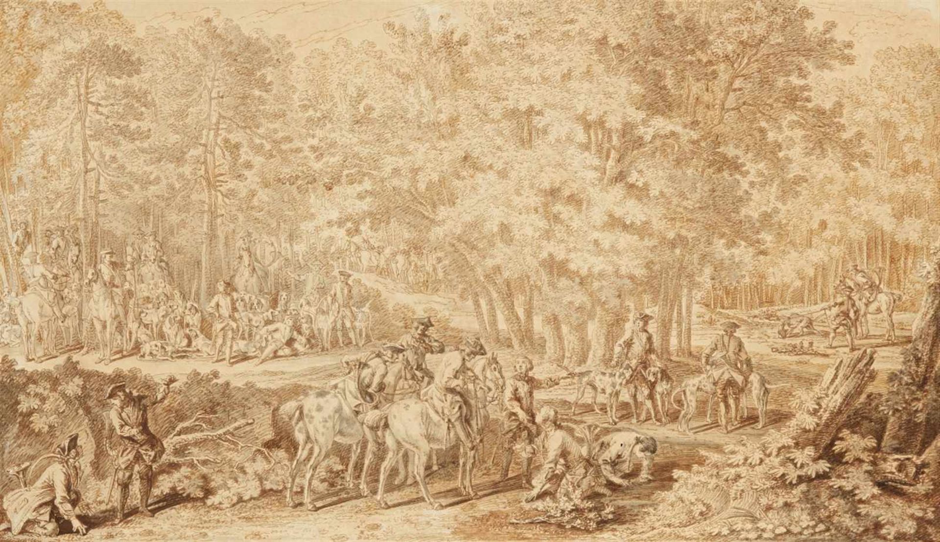 Johann Elias RidingerScene from the Par Force Hunt - Searching for TracksBrown and grey ink and