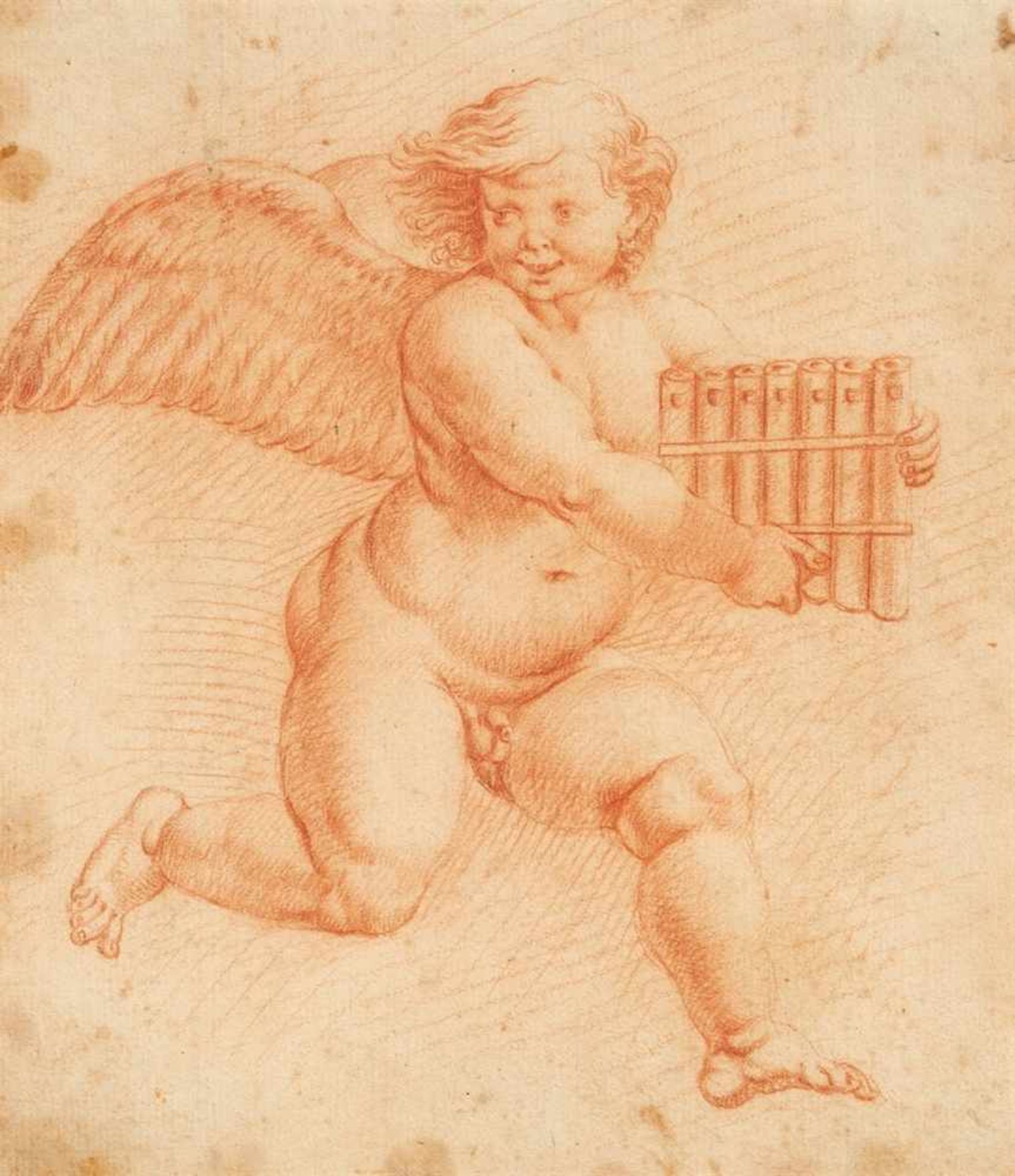 Flemish School, circa 1700Cupid with a Pan PipeRed chalk on paper. 22.3 x 19.3 cm..Framed.Flämischer