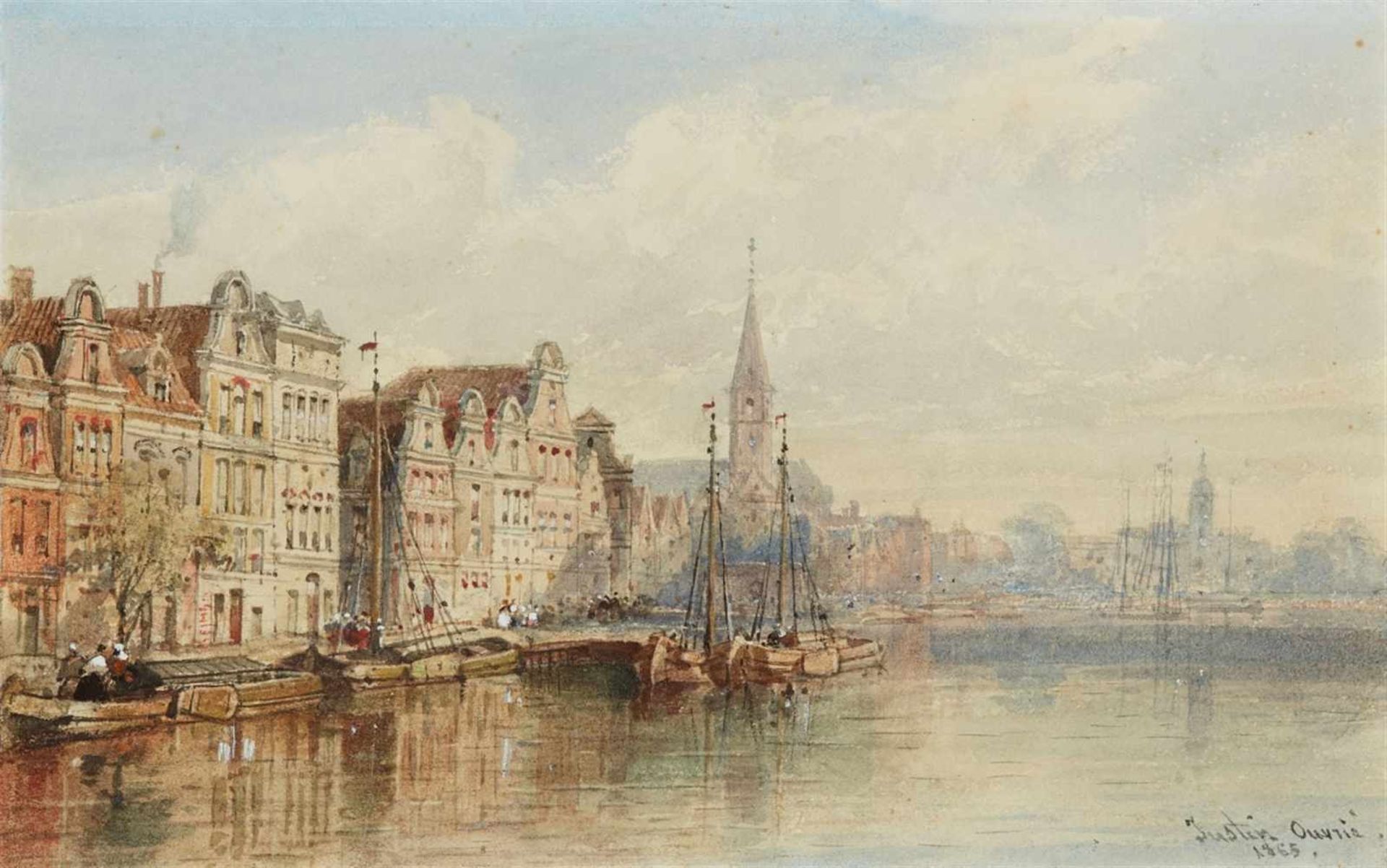 Pierre Justin OuvriéView of AmsterdamWatercolour. 14.5 x 24 cm.Framed.Signed and dated lower